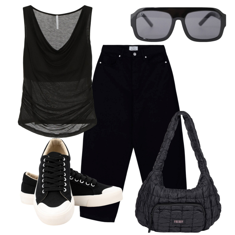 Outfit donna - In black. Stile Casual per Tutti i giorni. Abbinamento con pantaloni, top, occhiali da sole, borse a spalla, sneakers.