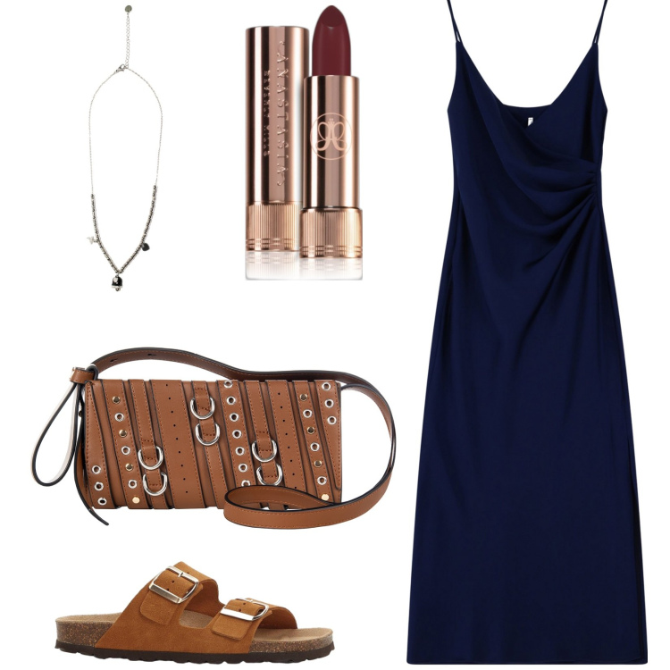 Outfit donna - Divertiti. Stile Casual per Serata fuori. Abbinamento con ciabatte, rossetti, borse a spalla, vestiti midi/longuette, ciondoli.