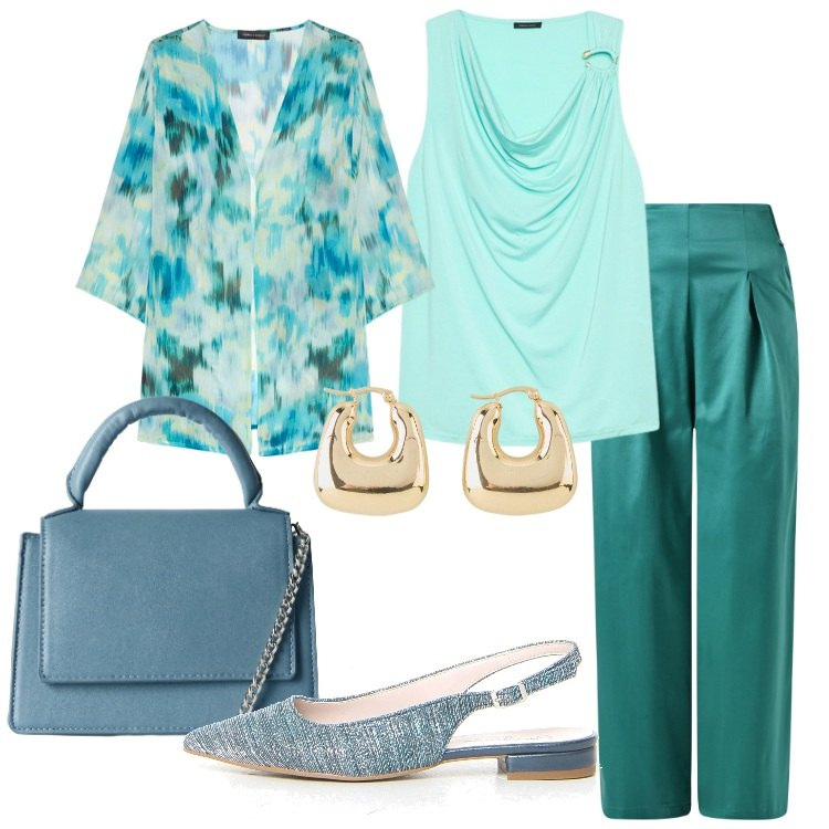 Outfit donna - Il potere del turchese Donna Curvy. Stile Romantica per Serata fuori. Abbinamento con orecchini, borse a tracolla, pantaloni, top, blazer, décolleté.