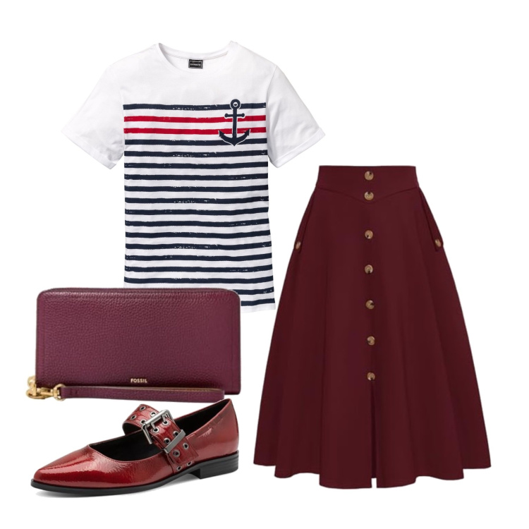 Outfit femme - Août. Style Vintage rétro pour Tous les jours. Assortir avec t-shirts, ballerines, jupes longues, pochette.
