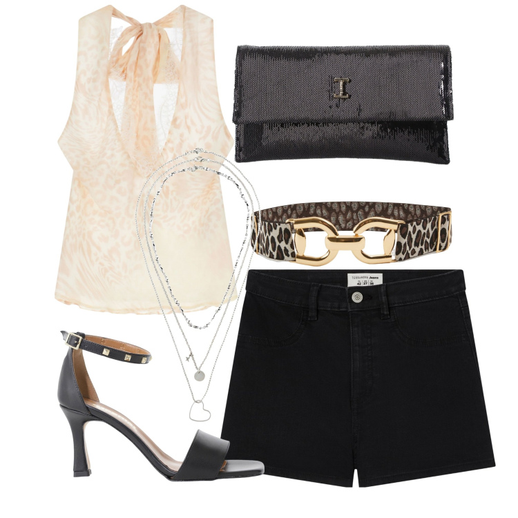 Outfit donna - Con i sandali dal tacco alto. Stile Casual chic per Tutti i giorni. Abbinamento con collane, shorts, cinture, borse a tracolla, sandali col tacco, top.