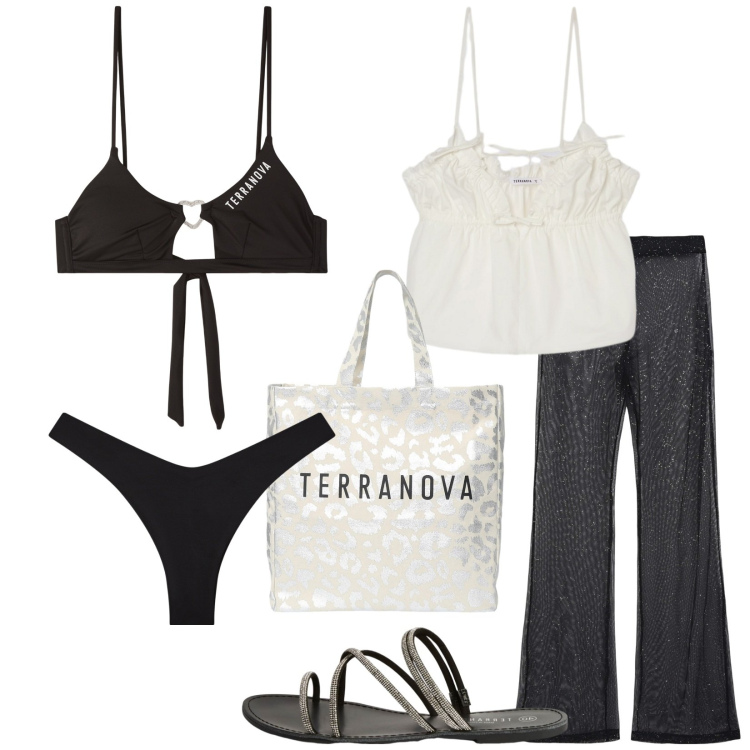 Outfit donna - Marenova. Stile Trendy per Mare. Abbinamento con vestiti da spiaggia, canottiere, borse tote, bikini, sandali, bikini.