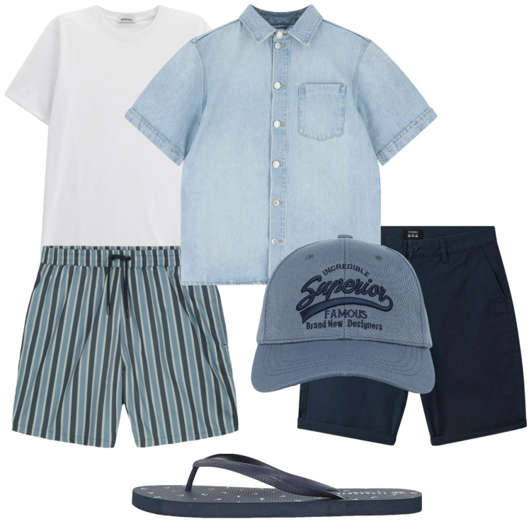 Outfit uomo - Total look #2231146. Stile Trendy per Mare. Abbinamento con cappelli con visiera, sandali, bermuda, camicie a manica corta, t-shirt, costumi.