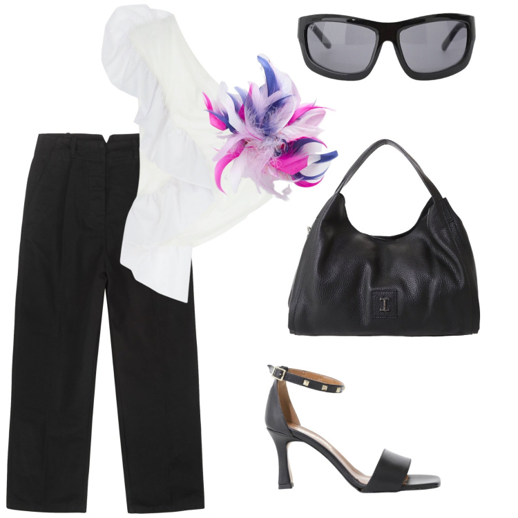 Outfit donna - Aperitivo time. per Serata fuori. Abbinamento con top, sandali col tacco, occhiali da sole, pochette, pantaloni, accessori per capelli.