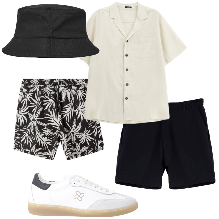 Outfit uomo - Total look #2231148. Stile Trendy per Mare. Abbinamento con cappelli, costumi, sneakers, camicie a manica corta, bermuda.