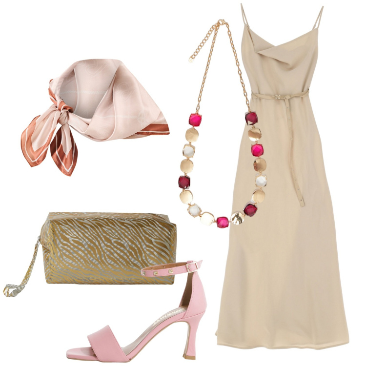 Outfit donna - Total look #2231149. Stile Chic per Serata fuori. Abbinamento con pochette, foulard, sandali col tacco, vestiti lunghi, collane.