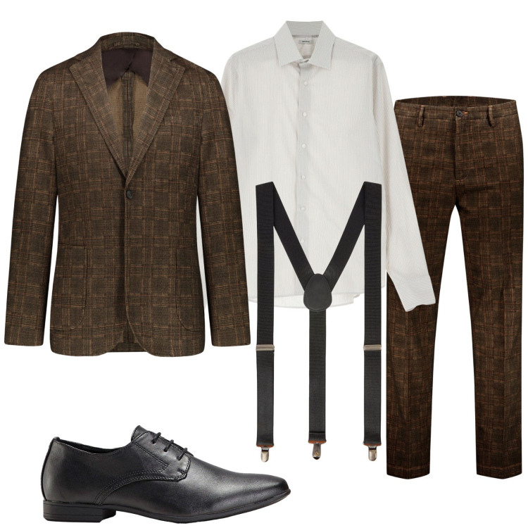 Outfit uomo - Total look #2231151. Stile Business/Elegante per Cerimonia. Abbinamento con scarpe stringate, camicie, giacche, pantaloni, bretelle.