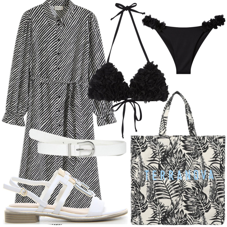 Outfit donna - Black & White. Stile Chic per Mare. Abbinamento con vestiti chemisier, borse tote, bikini, cinture, bikini, sandali.