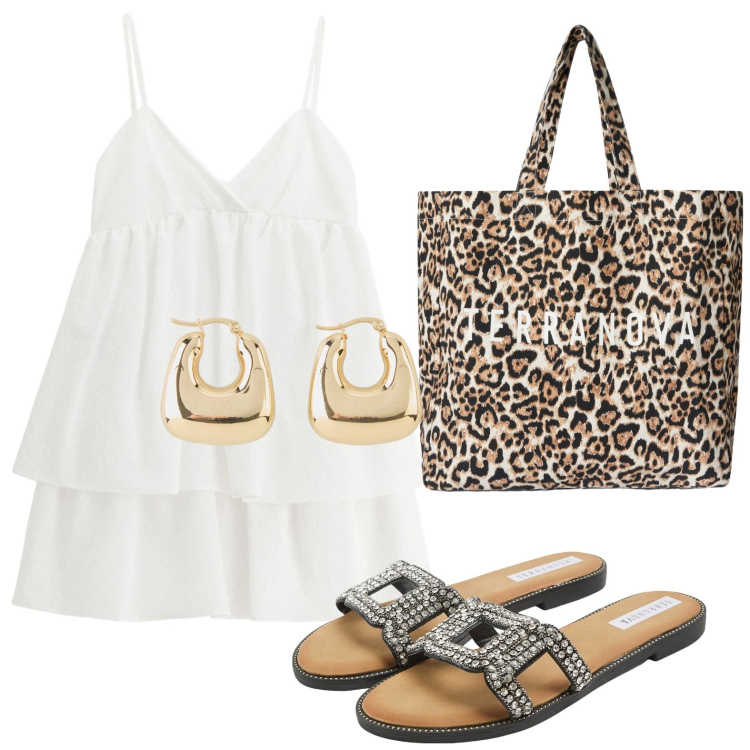 Outfit donna - Il vestito corto con rouches. Stile Minimal per Tutti i giorni. Abbinamento con orecchini, ciabatte, borse tote, vestiti corti.