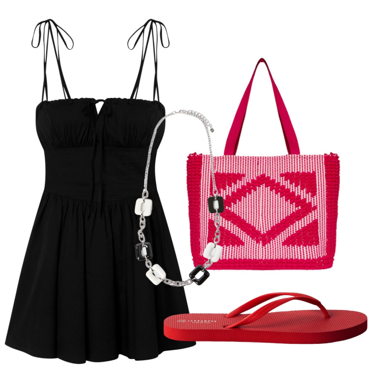 Outfit donna - Dress black. Stile Minimal per Mare. Abbinamento con vestiti corti, infradito, borse a mano, collane.