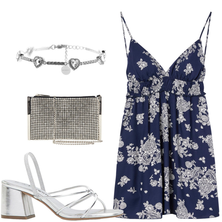 Outfit donna - Silver night. Stile Etnico per Serata fuori. Abbinamento con sandali col tacco, vestiti corti, pochette, braccialetti.
