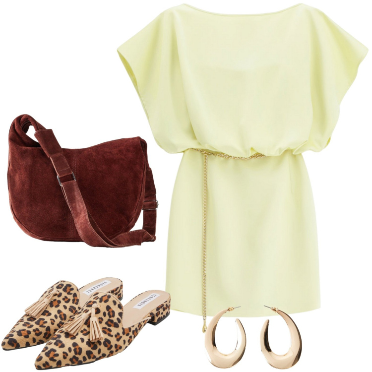 Outfit donna - Tocco raffinato. Stile Etnico per Tutti i giorni. Abbinamento con orecchini, borse a mano, sabot, vestiti corti.
