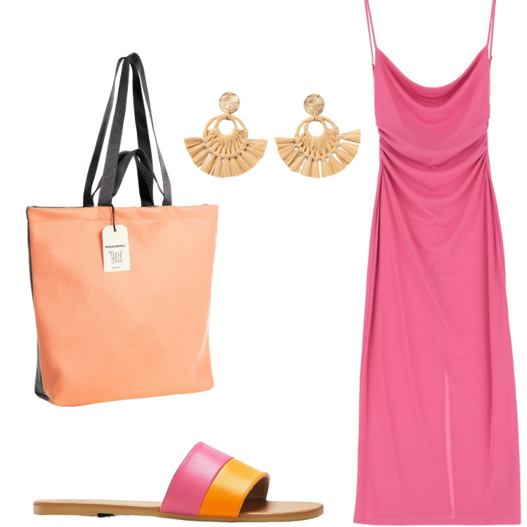 Outfit donna - Vestito con scollo. Stile Minimal per Tutti i giorni. Abbinamento con ciabatte, orecchini, borse tote, vestiti.