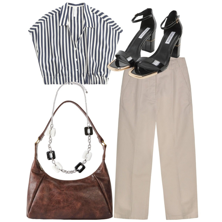 Outfit donna - Total look. Stile Bon Ton per Tutti i giorni. Abbinamento con borse a mano, sabot, camicie a manica corta, pantaloni, collane.