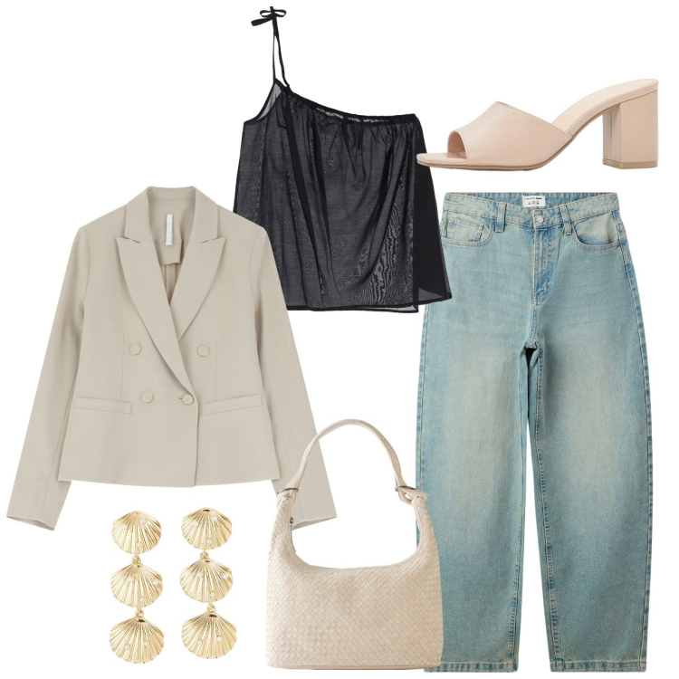 Outfit donna - Giacca e monospalla sui jeans. Stile Casual chic per Serata fuori. Abbinamento con shopping bag, sandali col tacco, jeans, orecchini, blazer, top.
