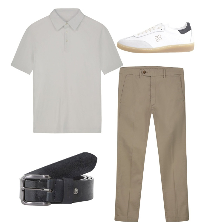 Outfit uomo - Total look. Stile Casual per Tutti i giorni. Abbinamento con sneakers, cinture, pantaloni chino, polo.