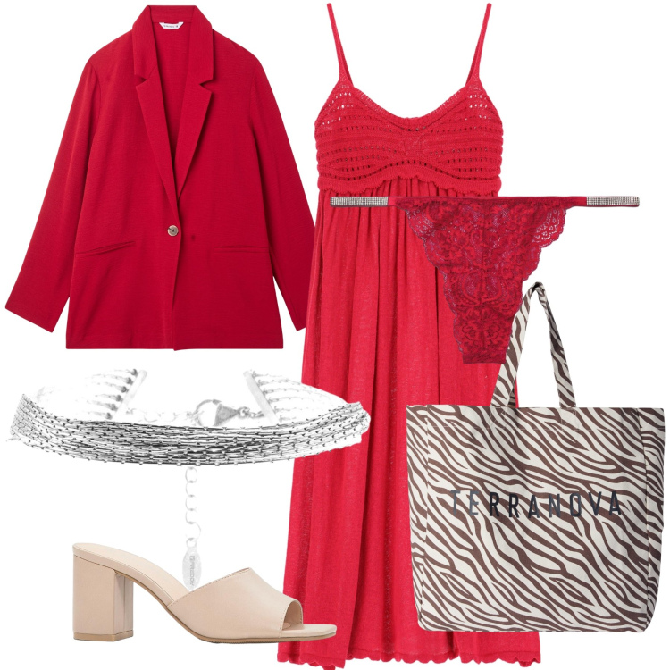 Outfit donna - Ufficio in rosso. Stile Trendy per Ufficio. Abbinamento con sandali col tacco, blazer, borse tote, culotte, vestiti, braccialetti.