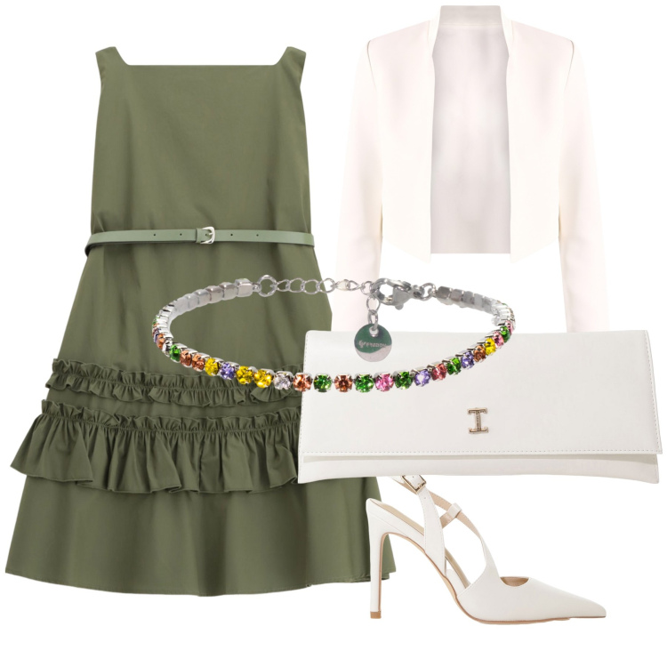 Outfit donna - Abito verde per invitata. Stile Chic per Cerimonia. Abbinamento con bolero, vestiti corti, décolleté, pochette, braccialetti.