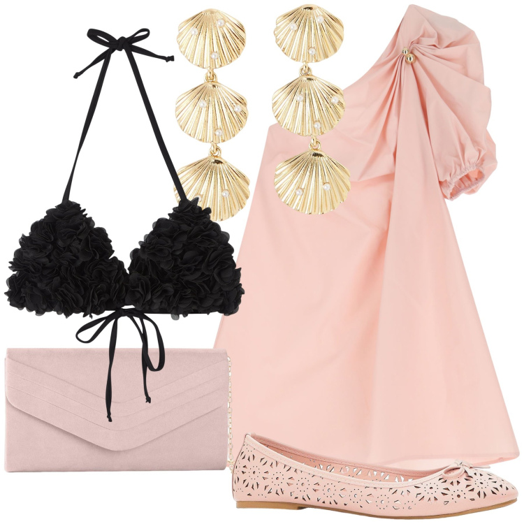 Outfit donna - Compleanno con tuffo. Stile Romantica per Cerimonia. Abbinamento con ballerine, pochette, orecchini, bikini, vestiti corti.