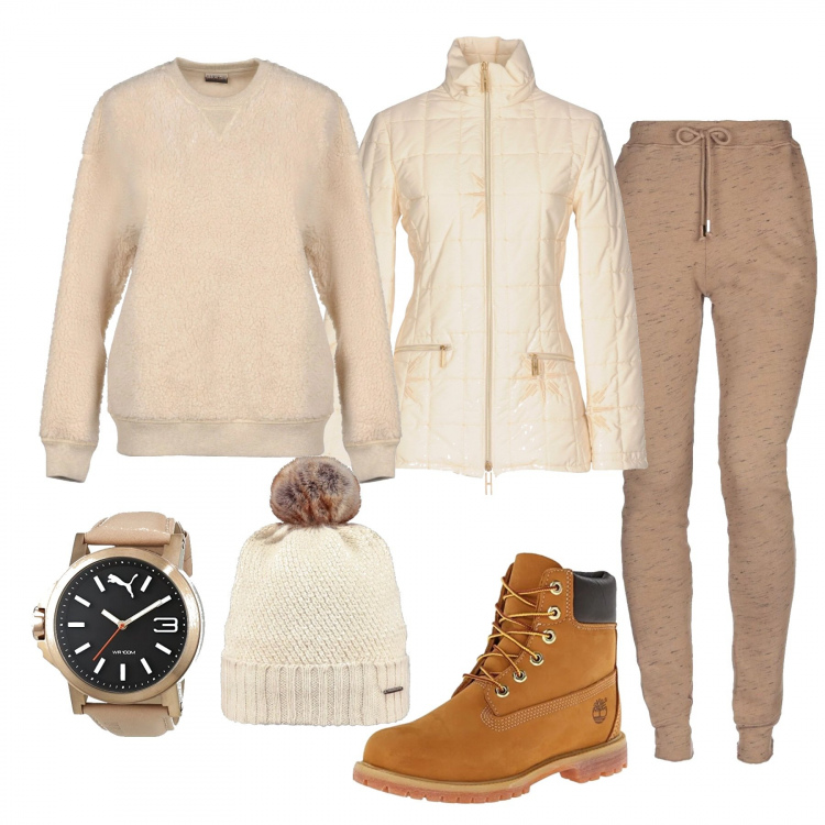 Outfit donna - Bianco e beige. Stile Urban per Tutti i giorni. Abbinamento con felpa collo tondo a maniche lunghe tinta unita, pantalone, giubbotto con ricamo collo alto a maniche lunghe con zip interno imbottito in tessuto tecnico tinta unita, stivali e anfibi giallo, orologio analogico con cinturino beige, cappelli.