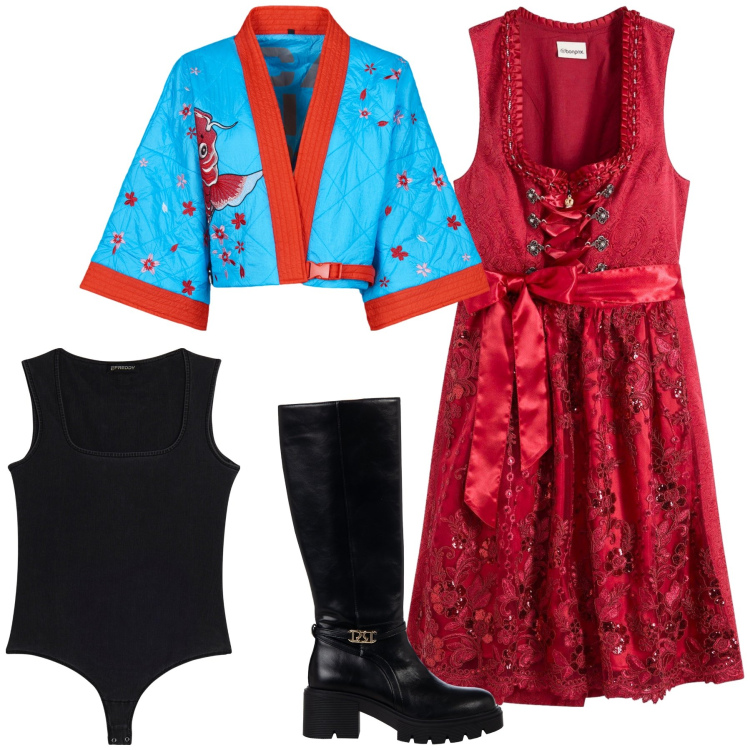 Outfit donna - Etnica sui monti. Stile Etnico per Serata fuori. Abbinamento con vestiti, stivali sopra il ginocchio, body, kimono.