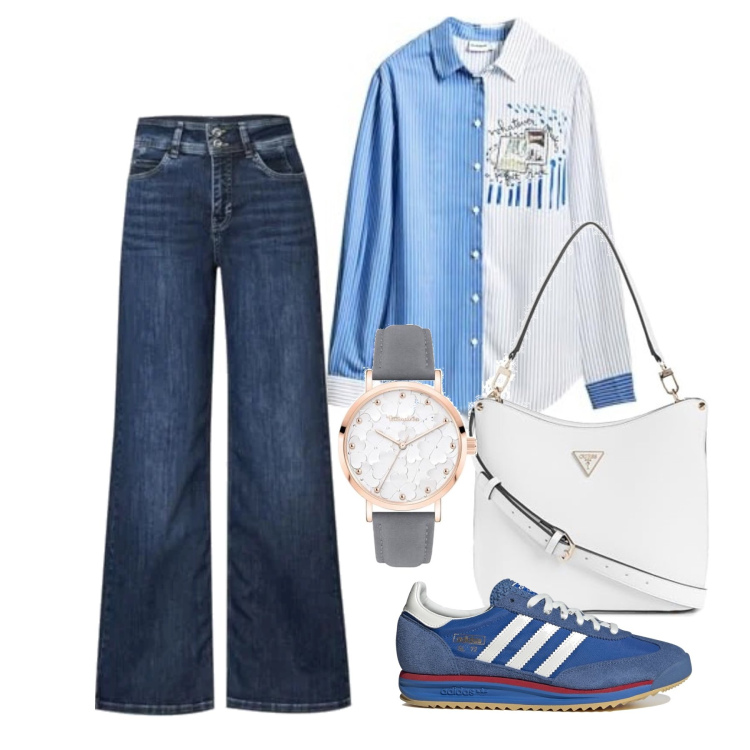 Outfit femme - Août. Style Casual pour Tous les jours. Assortir avec jeans, chemisiers, sacs en bandoulière, montres analogiques, sneakers.