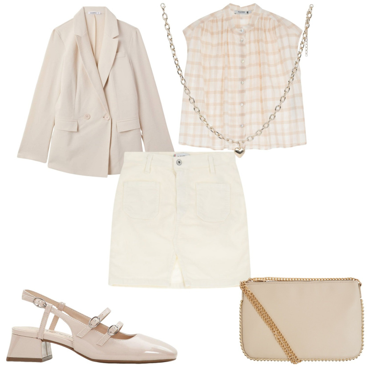 Outfit donna - Total look #2231310. Stile Bon Ton per Ufficio. Abbinamento con décolleté, borse a tracolla, collane, blazer, minigonne, camicie.