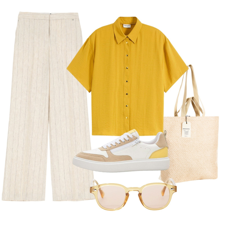 Outfit donna - Camicia giallo ocra. Stile Casual per Scuola/Università. Abbinamento con sneakers, camicie, borse tote, pantaloni a palazzo, occhiali da sole.