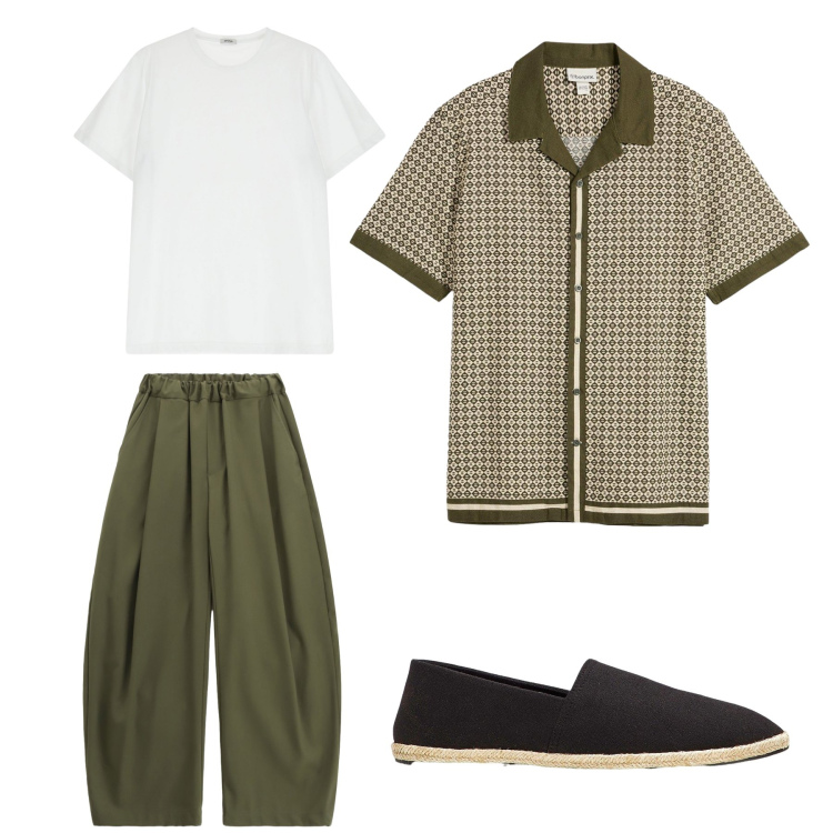 Outfit uomo - Total look #2231336. Stile Trendy per Serata speciale. Abbinamento con espadrillas, camicie a manica corta, t-shirt, pantaloni.
