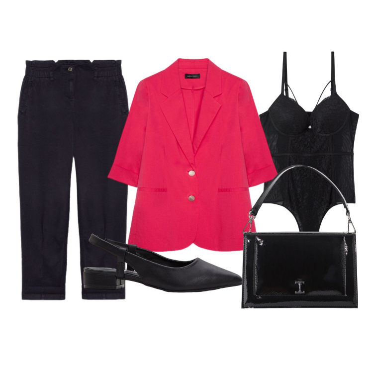 Outfit donna - Décolleté slingback. Stile Casual chic per Serata fuori. Abbinamento con décolleté, body, borse a tracolla, pantaloni, blazer.