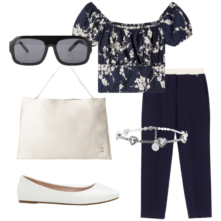 Outfit donna - Total look #2231347. Stile Chic per Tutti i giorni. Abbinamento con ballerine, bluse, pantaloni, occhiali da sole, borse a spalla, braccialetti.