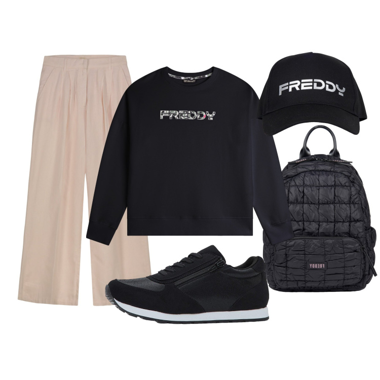 Outfit donna - Il cappellino è zainetto Freddy. Stile Sporty chic per Tutti i giorni. Abbinamento con sneakers, felpe con cappuccio, cappelli, zaini, pantaloni.