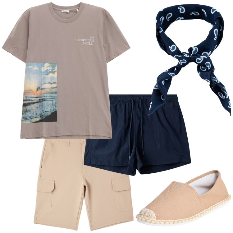 Outfit uomo - Total look #2231355. Stile Casual per Mare. Abbinamento con espadrillas, pantaloni corti, costumi, t-shirt, sciarpe e foulard.