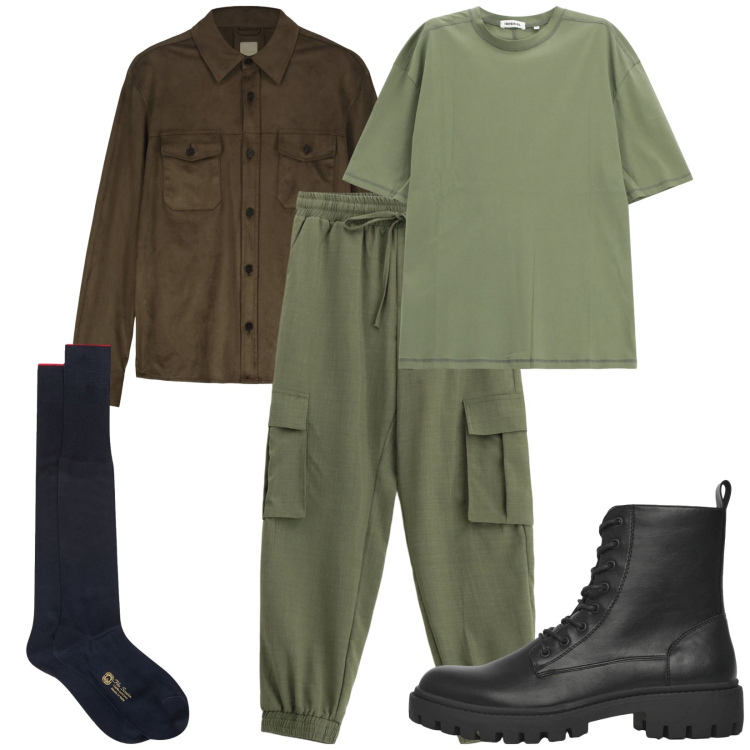 Outfit uomo - Total look #2231356. Stile Casual per Tutti i giorni. Abbinamento con anfibi, pantaloni cargo, t-shirt, giacche, calzini.