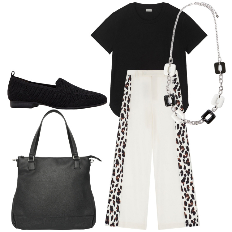 Outfit donna - Qualcosa di maculato. Stile Trendy per Ufficio. Abbinamento con mocassini, shopping bag, pantaloni a palazzo, t-shirt, collane.