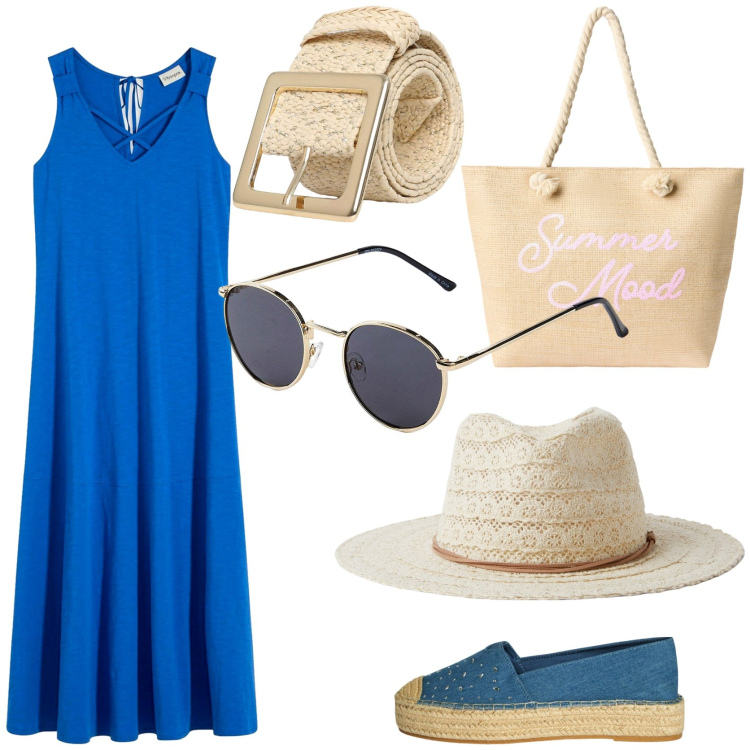 Outfit donna - Vacanze sull \'isola. Stile Urban per Tutti i giorni. Abbinamento con occhiali da sole, vestiti lunghi, espadrillas, cappelli, borse tote, cinture.