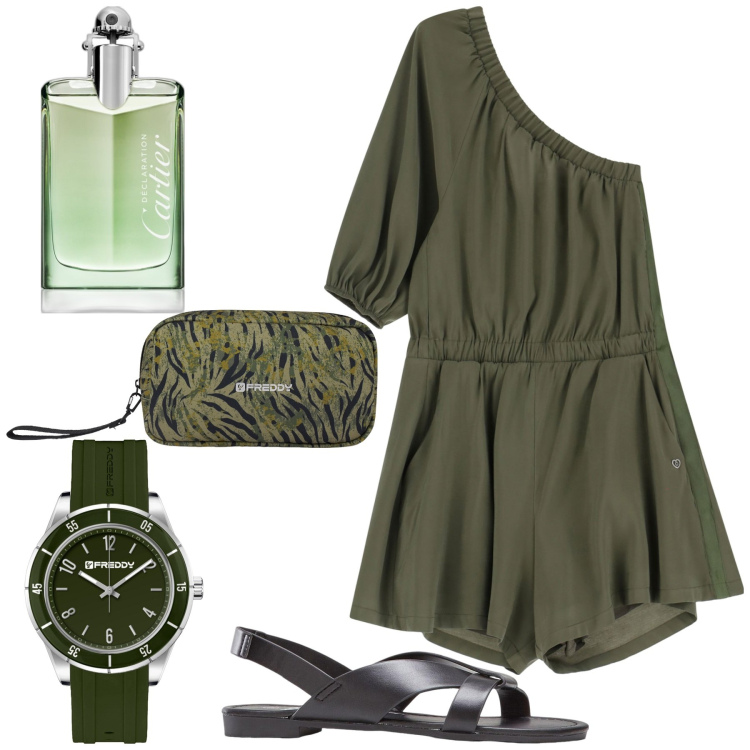 Outfit donna - La tuta monospalla trendy. Stile Trendy per Tutti i giorni. Abbinamento con sandali, profumi, tute, orologi, valigie.