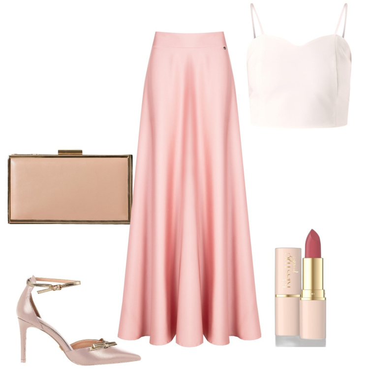 Outfit donna - Cerimonia estiva. Stile Romantica per Cerimonia. Abbinamento con rossetti, décolleté, pochette, gonne, canottiere.