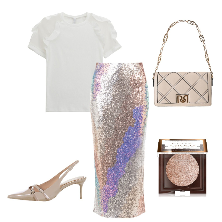 Outfit donna - Effetto wow. Stile Glamour per Serata fuori. Abbinamento con ombretti, borse a tracolla, décolleté, gonne longuette, t-shirt.