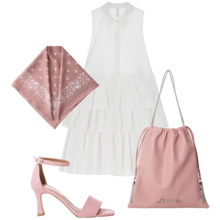 Outfit donna - Il rosa incontra il bianco. Stile Bon Ton per Tutti i giorni. Abbinamento con borse a secchiello, vestiti corti, sandali col tacco, foulard.