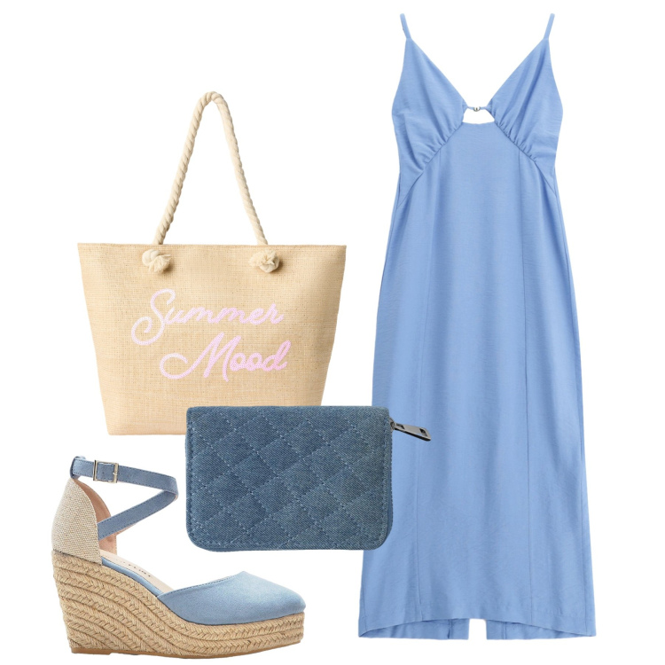 Outfit donna - Con l\'abito a sottoveste. Stile Casual chic per Mare. Abbinamento con sandali, portafogli, borse tote, vestiti midi/longuette.