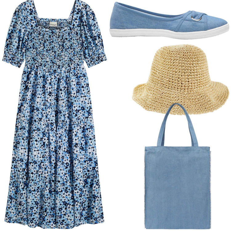 Outfit donna - Gita al borgo. Stile Romantica per Tutti i giorni. Abbinamento con ballerine, cappelli, vestiti midi/longuette, borse tote.