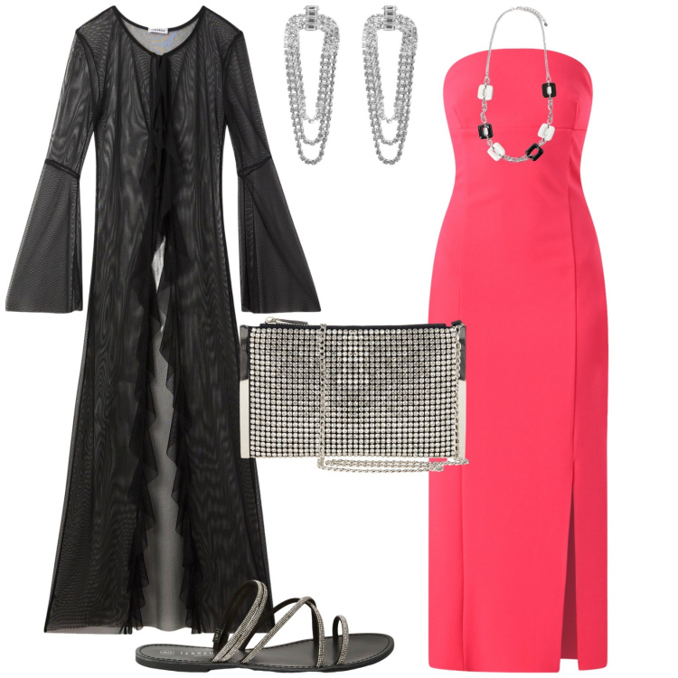 Outfit donna - Total look #2231459. Stile Glamour per Serata fuori. Abbinamento con orecchini, caftani, sandali, pochette, vestiti midi/longuette, collane.