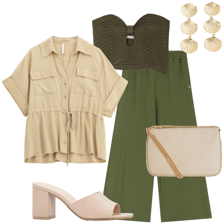 Outfit donna - Mai senza orecchini. Stile Casual chic per Serata fuori. Abbinamento con sandali col tacco, borse a tracolla, orecchini, top, pantaloni, camicie a manica corta.
