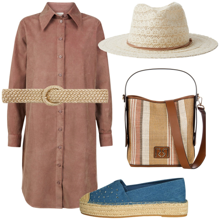Outfit donna - Giornata a n un borgo estivo. Stile Casual chic per Tutti i giorni. Abbinamento con cinture, cappelli, espadrillas, borse a secchiello, vestiti chemisier.