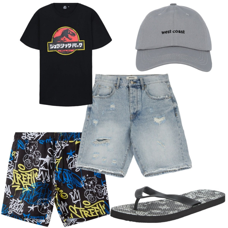 Outfit uomo - Total look #2231483. Stile Trendy per Mare. Abbinamento con sandali, cappelli con visiera, costumi, t-shirt, bermuda.
