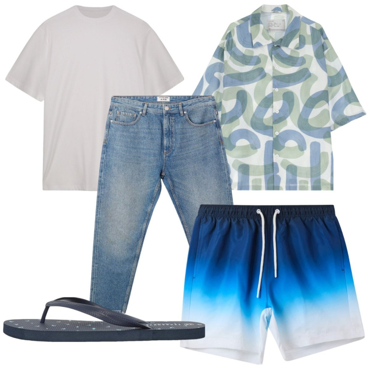 Outfit uomo - Total look #2231484. Stile Trendy per Mare. Abbinamento con jeans, sandali, costumi, camicie a manica corta, t-shirt.