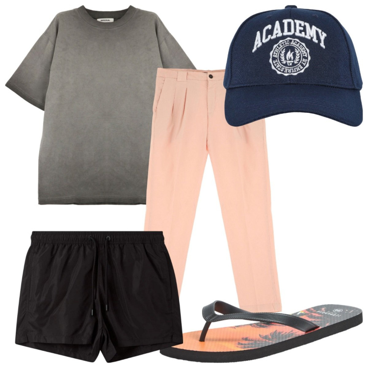 Outfit uomo - Total look #2231486. Stile Trendy per Mare. Abbinamento con sandali, cappelli con visiera, costumi, t-shirt, pantaloni.