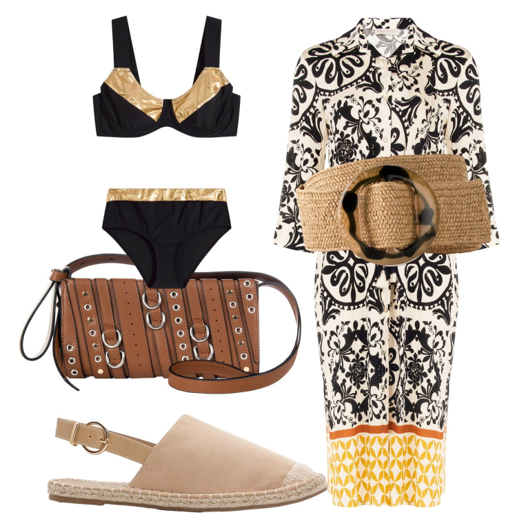 Outfit donna - Giornata in un borgo estivo. Stile Chic per Tutti i giorni. Abbinamento con cinture, espadrillas, bikini, borse a spalla, vestiti chemisier.