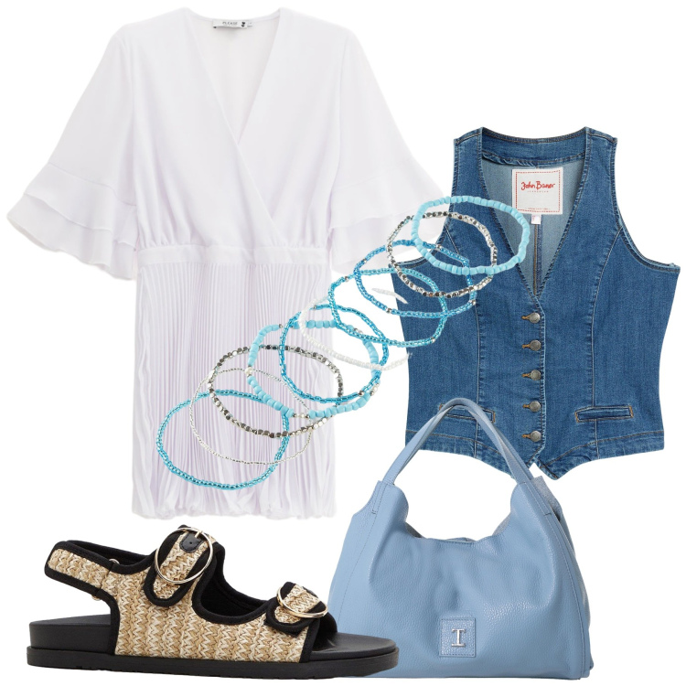 Outfit donna - Gilet lunghi su abiti corti. Stile Chic per Tutti i giorni. Abbinamento con gilet, sandali, braccialetti, vestiti corti, pochette.